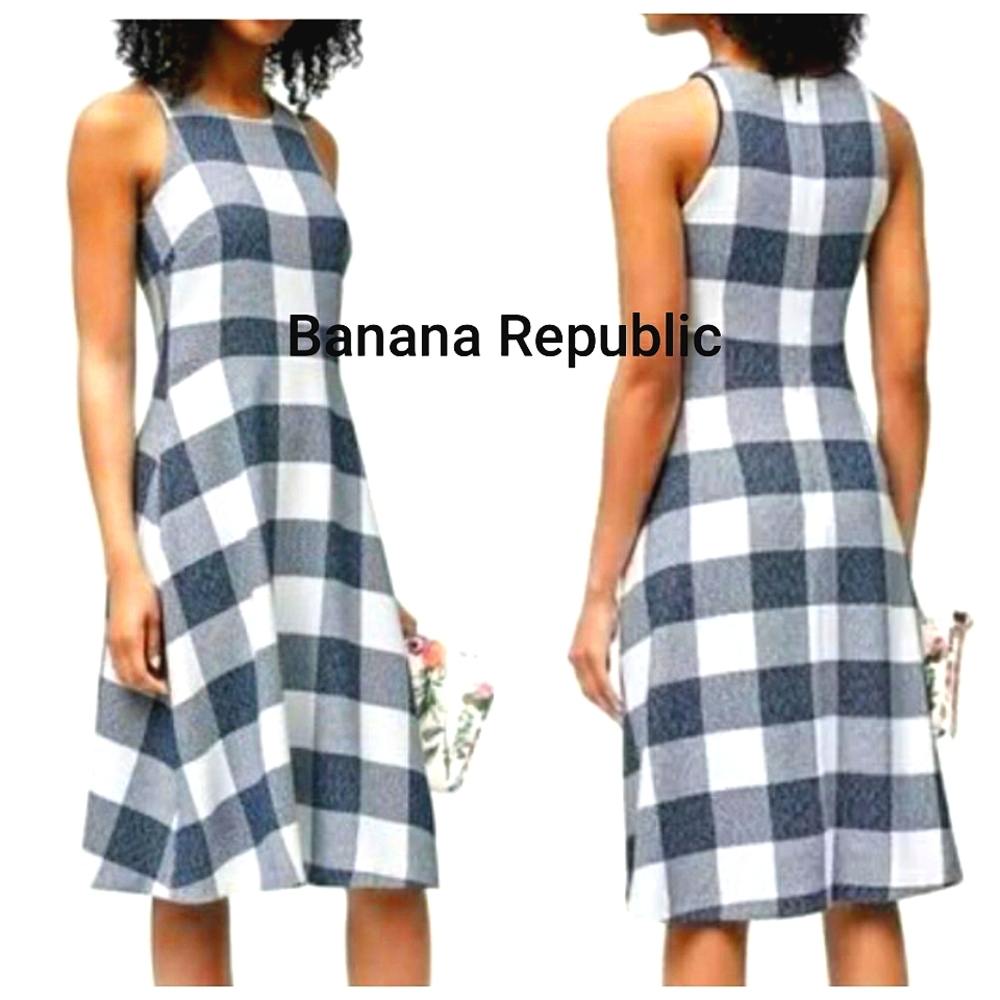 Nwot Banana Republic Navy & White Gingham Tweed Fit & Flare Dress